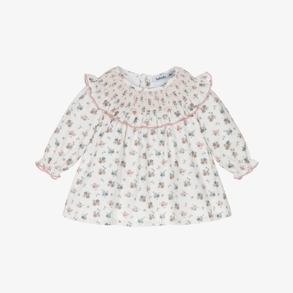 Babidu-Baby Girls White Cotton Floral Dress with Smocking | Childrensalon Outlet