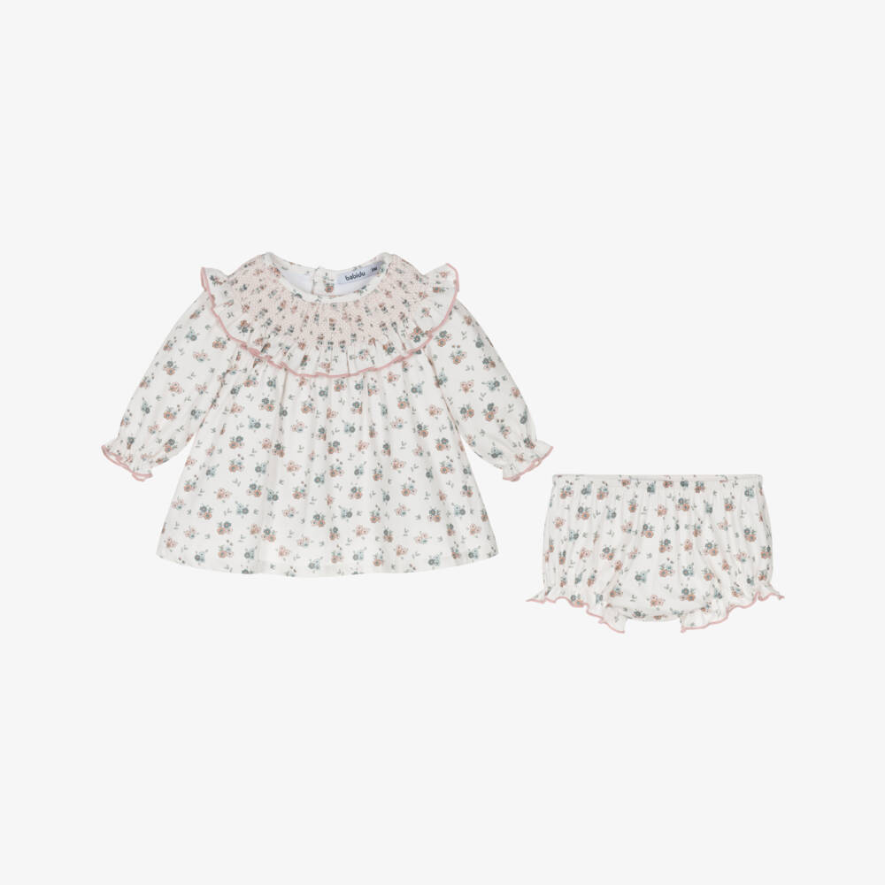 Babidu-Baby Girls White Cotton Floral Dress with Smocking | Childrensalon Outlet