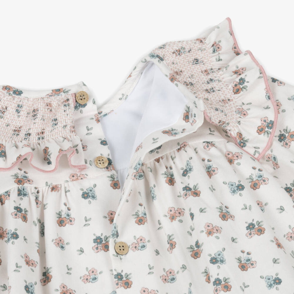 Babidu-Baby Girls White Cotton Floral Dress with Smocking | Childrensalon Outlet