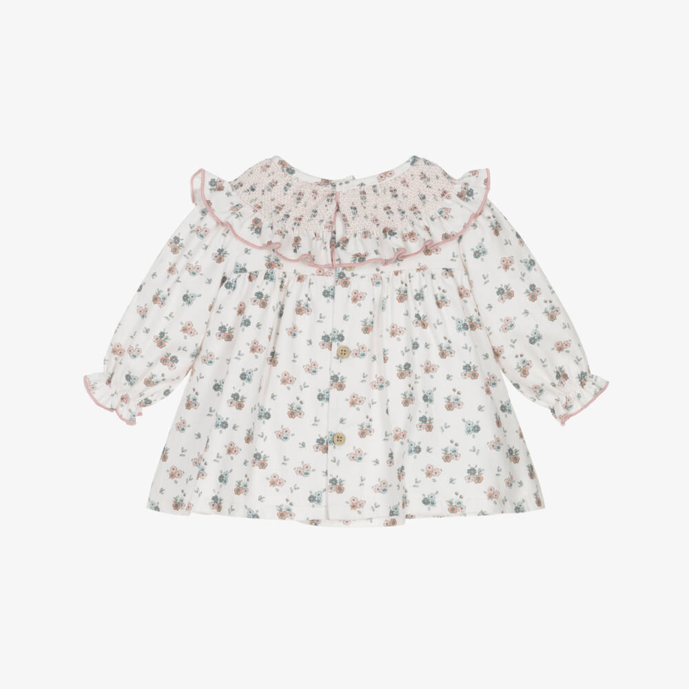 Babidu-Baby Girls White Cotton Floral Dress with Smocking | Childrensalon Outlet