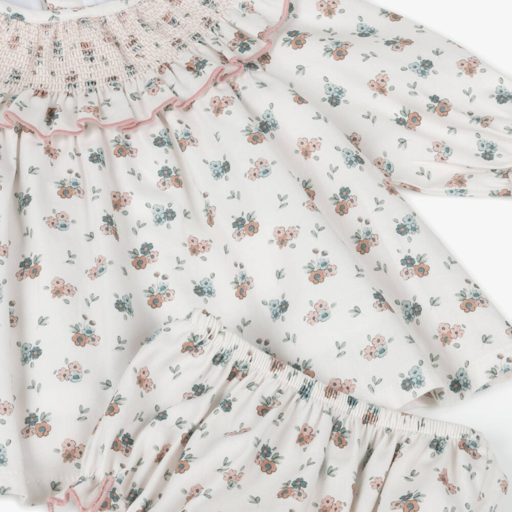 Babidu-Baby Girls White Cotton Floral Dress with Smocking | Childrensalon Outlet