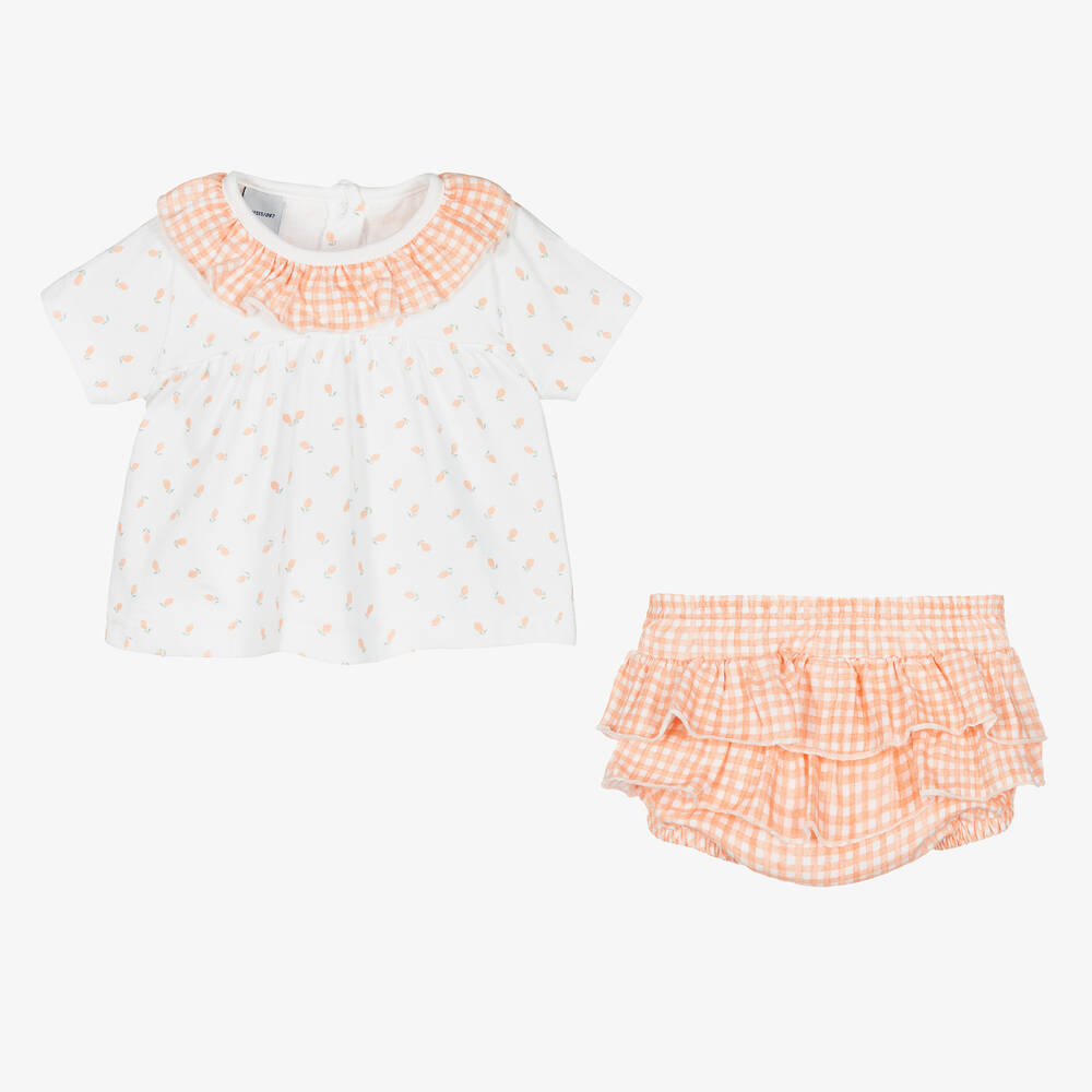 Babidu-طقم شورت قطن لون برتقالي وأبيض للمولودات | Childrensalon Outlet