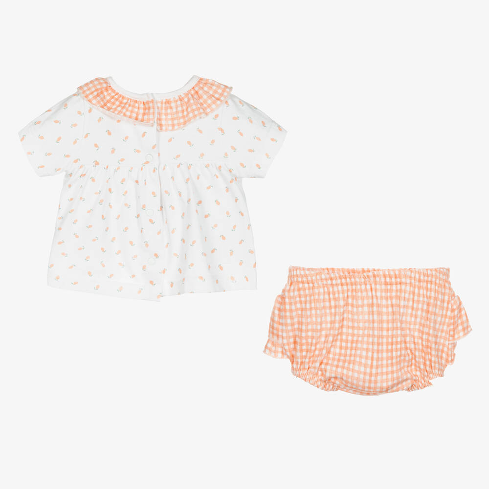 Babidu-طقم شورت قطن لون برتقالي وأبيض للمولودات | Childrensalon Outlet