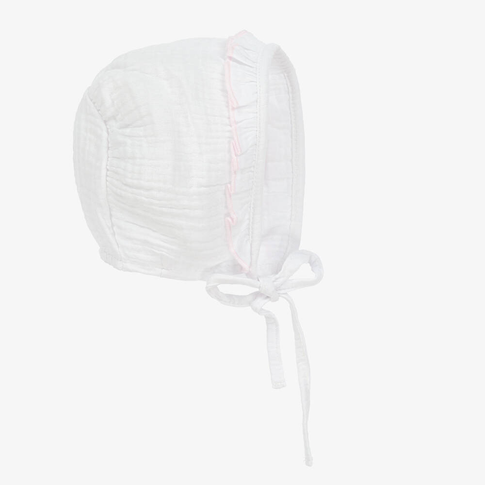 Babidu-Baby Girls White & Pink Cotton Bonnet | Childrensalon Outlet