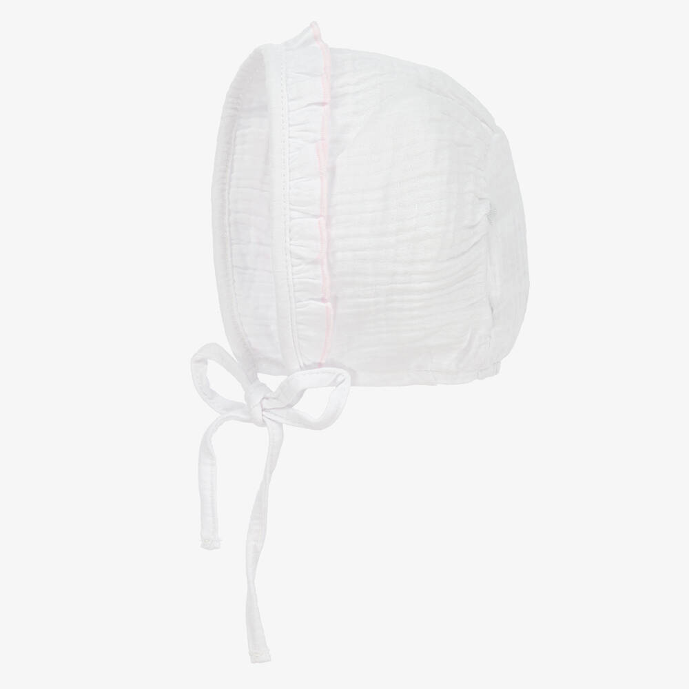 Babidu-Baby Girls White & Pink Cotton Bonnet | Childrensalon Outlet