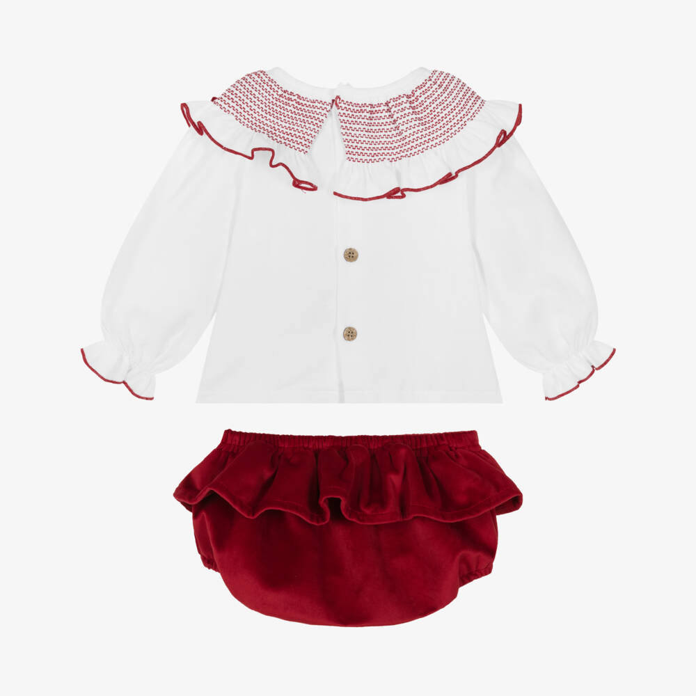 Babidu-Baby Girls White Smocked Blouse & Red Velvet Shorts Set | Childrensalon Outlet