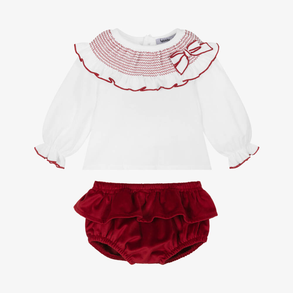 Babidu-Baby Girls White Smocked Blouse & Red Velvet Shorts Set | Childrensalon Outlet
