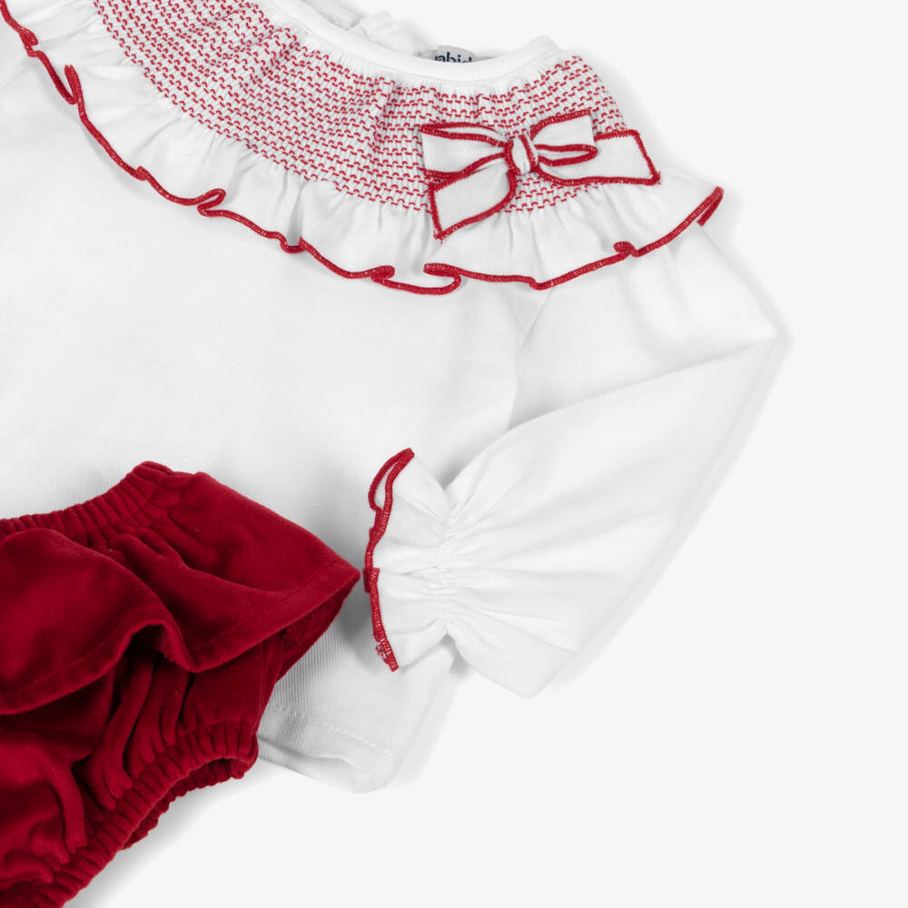 Babidu-Baby Girls White Smocked Blouse & Red Velvet Shorts Set | Childrensalon Outlet