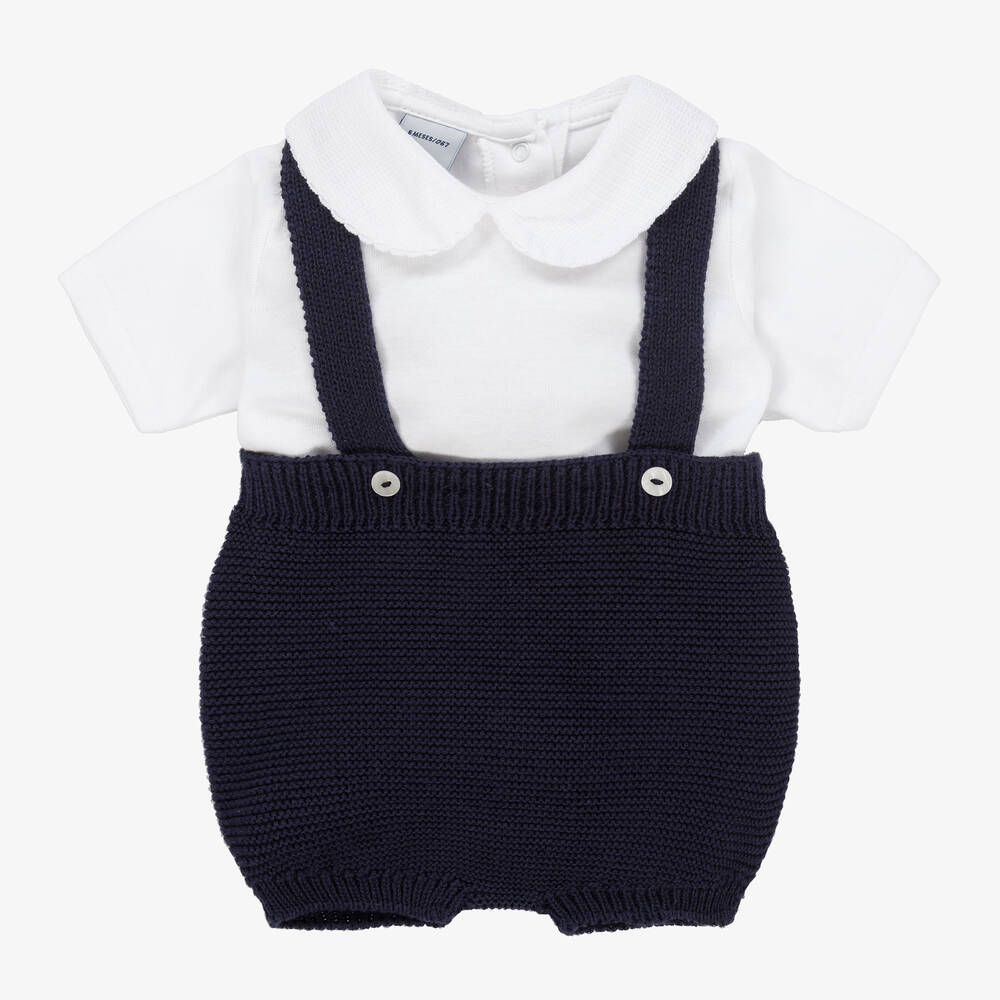 Babidu - Baby White & Navy Blue Shorts Set | Childrensalon