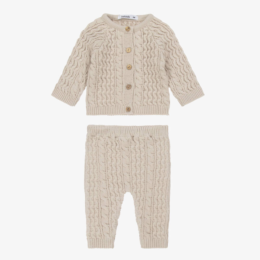 Babidu-Beige Cable Knit Baby Trouser Set | Childrensalon Outlet