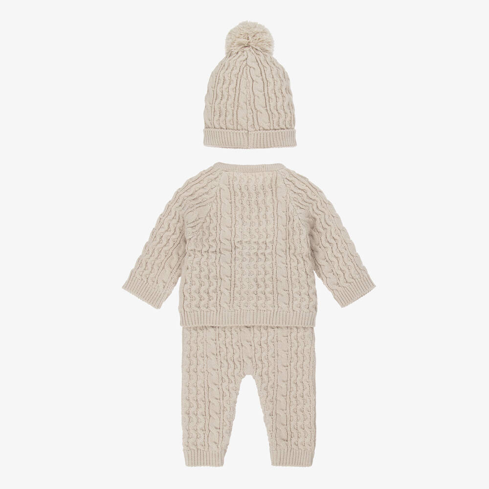 Babidu-Beige Cable Knit Baby Trouser Set | Childrensalon Outlet