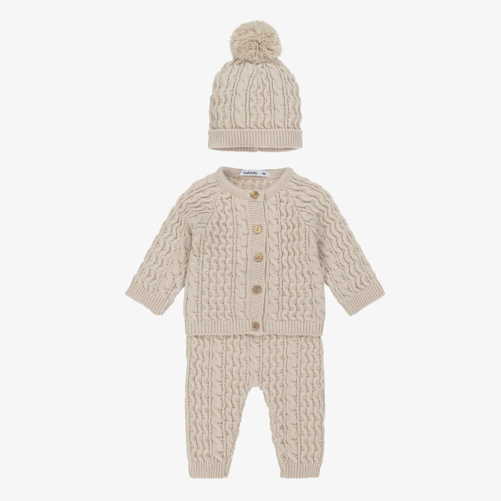 Babidu-Beige Cable Knit Baby Trouser Set | Childrensalon Outlet