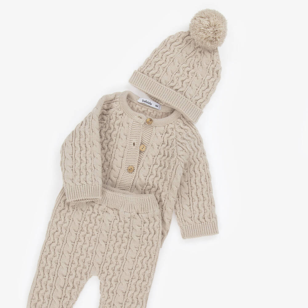 Babidu-Beige Cable Knit Baby Trouser Set | Childrensalon Outlet