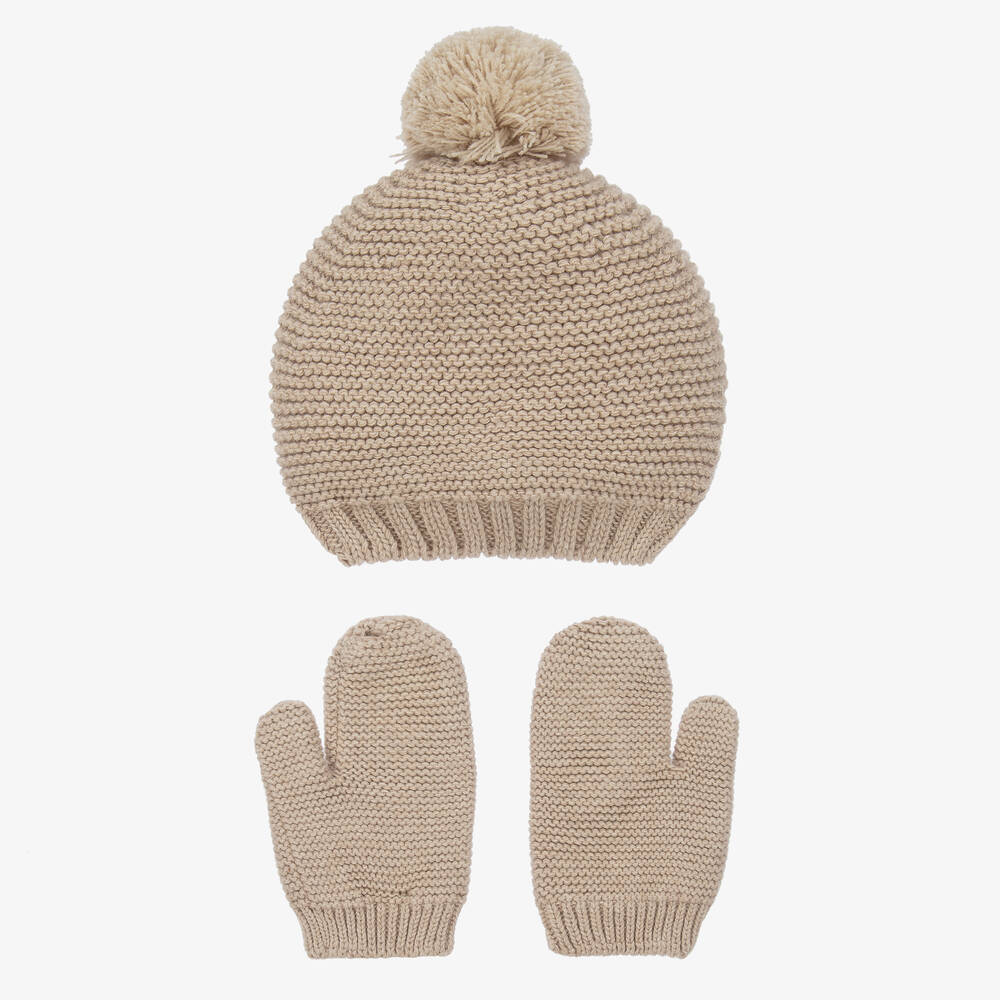 Babidu-Бежевая вязаная шапка и варежки из хлопка | Childrensalon Outlet