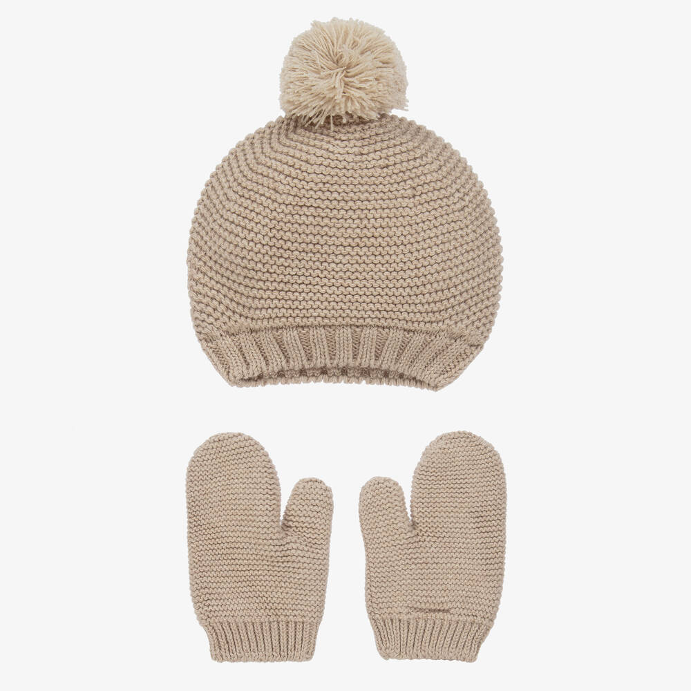 Babidu - Beige Cotton Knit Hat & Mittens Set | Childrensalon