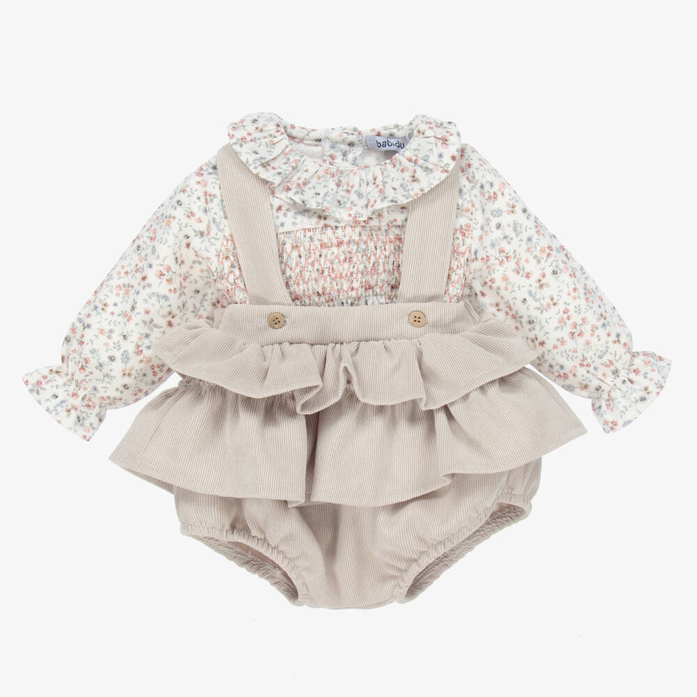 Babidu - Beige Floral Cotton Shorts Set | Childrensalon