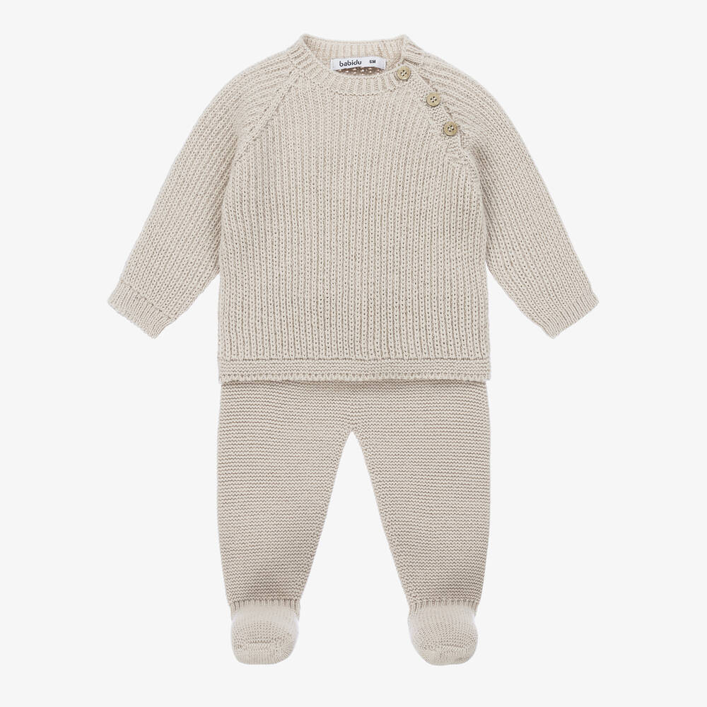 Babidu-Beige Knitted 2 Piece Babygrow | Childrensalon Outlet