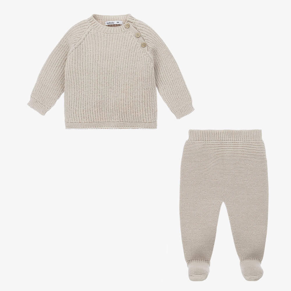 Babidu-Beige Knitted 2 Piece Babygrow | Childrensalon Outlet