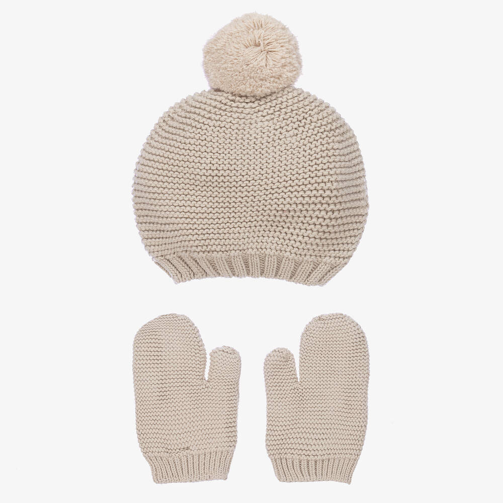 Babidu - Beige Knitted Hat & Mittens Set | Childrensalon