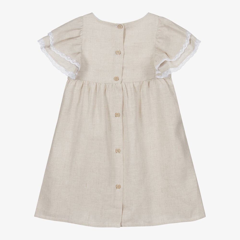 Babidu-فستان قطن وكتّان لون زهري وأبيض مزين بدانتيل | Childrensalon Outlet