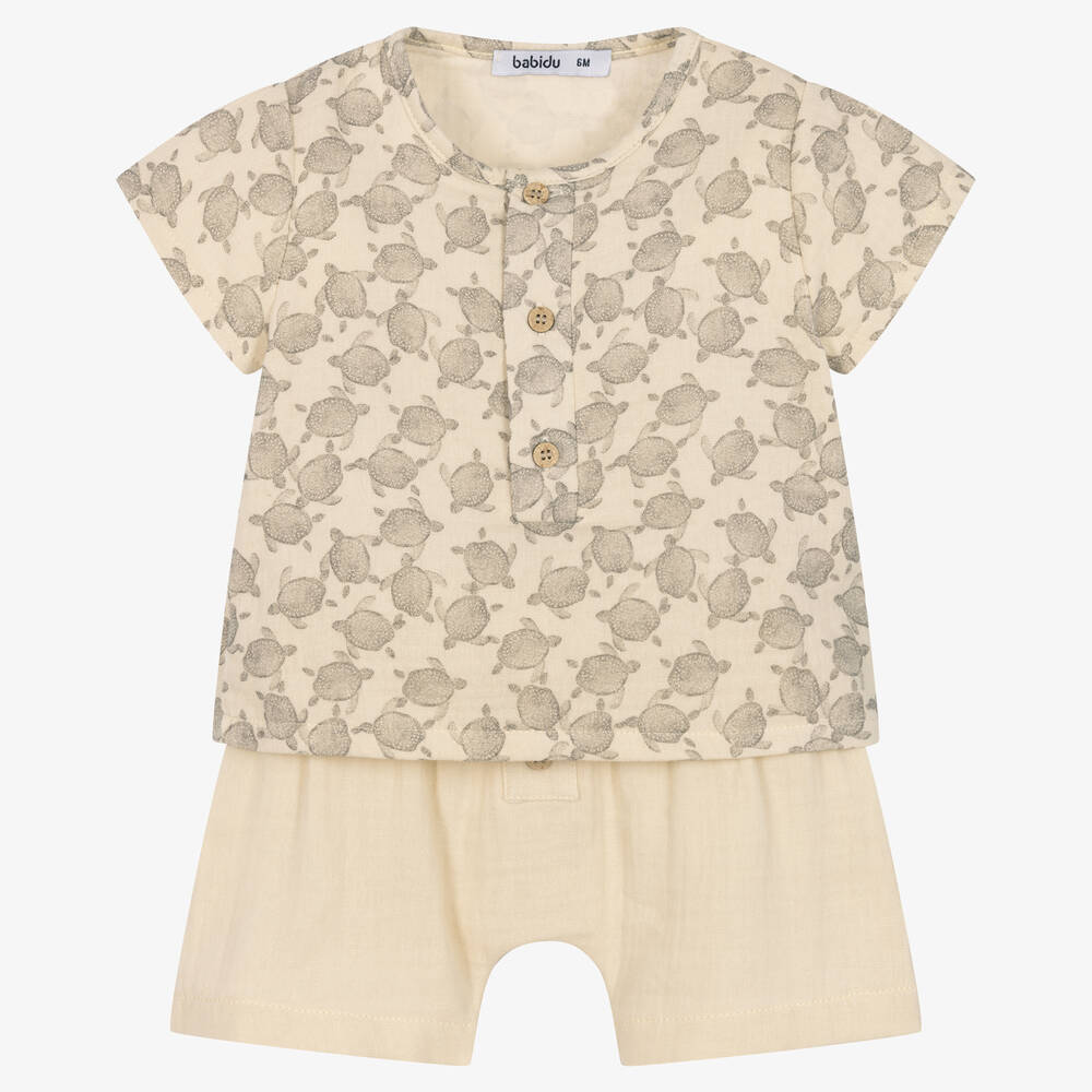 Babidu - Beige Turtle Cotton Shorts Set | Childrensalon