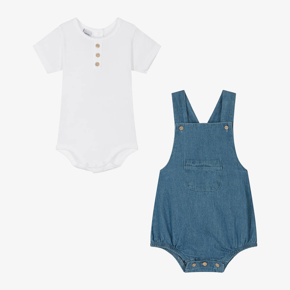 Babidu-Blue Cotton Baby Dungaree Set | Childrensalon Outlet