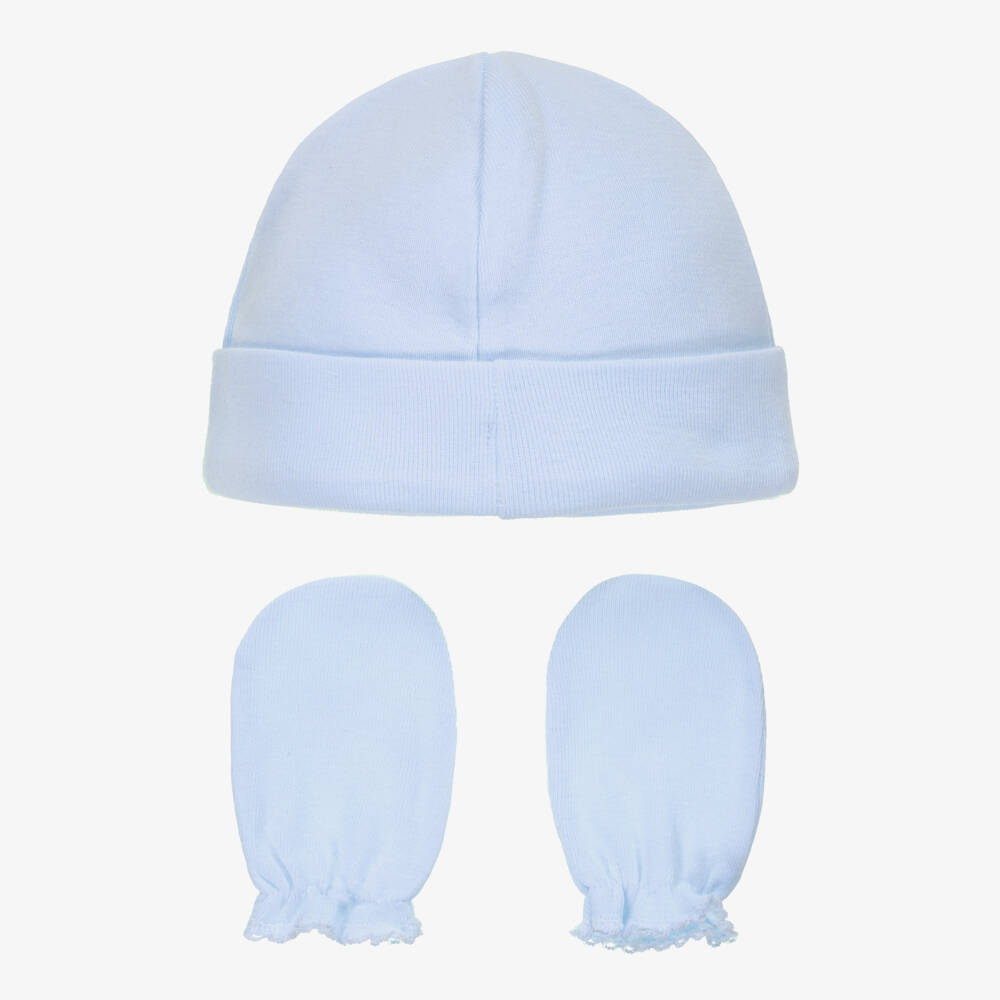 Babidu-Blue Cotton Jersey Hat & Mittens Set | Childrensalon Outlet