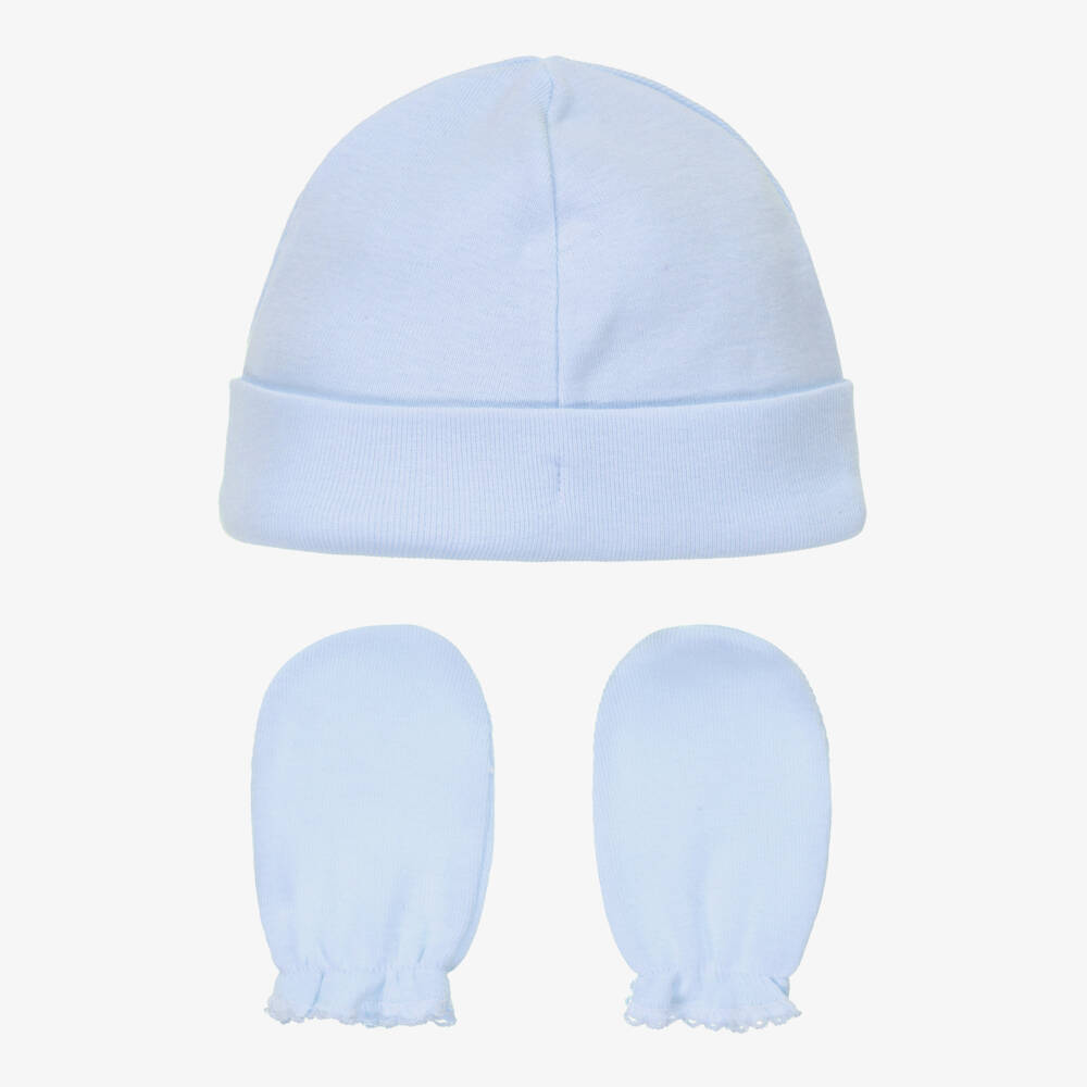 Babidu-Blue Cotton Jersey Hat & Mittens Set | Childrensalon Outlet