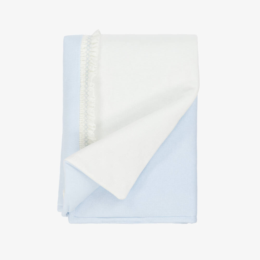 Babidu-Blue Cotton Knit Padded Blanket with Smocked Frill (80cm) | Childrensalon Outlet