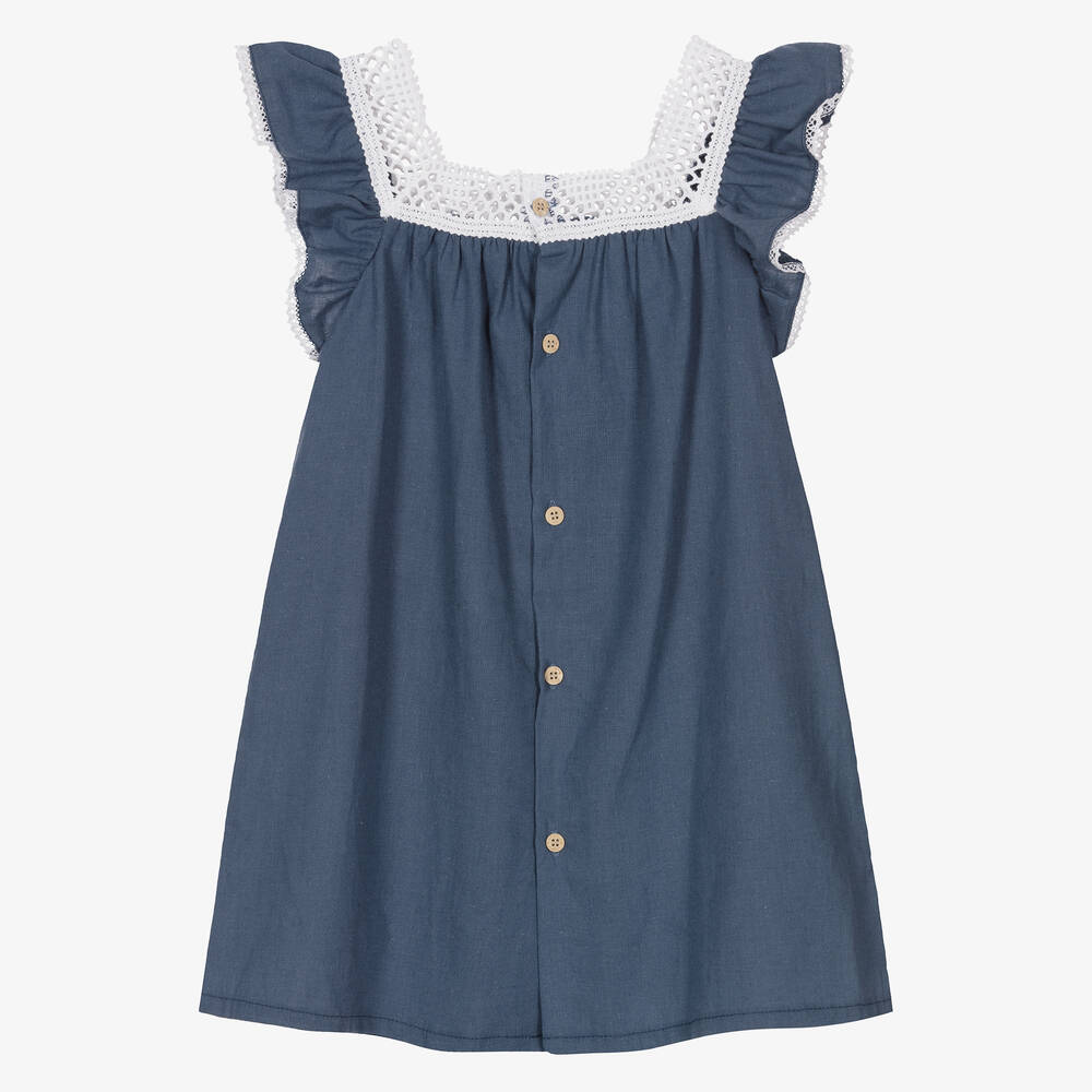 Babidu-Blue Cotton & Linen Dress  | Childrensalon Outlet