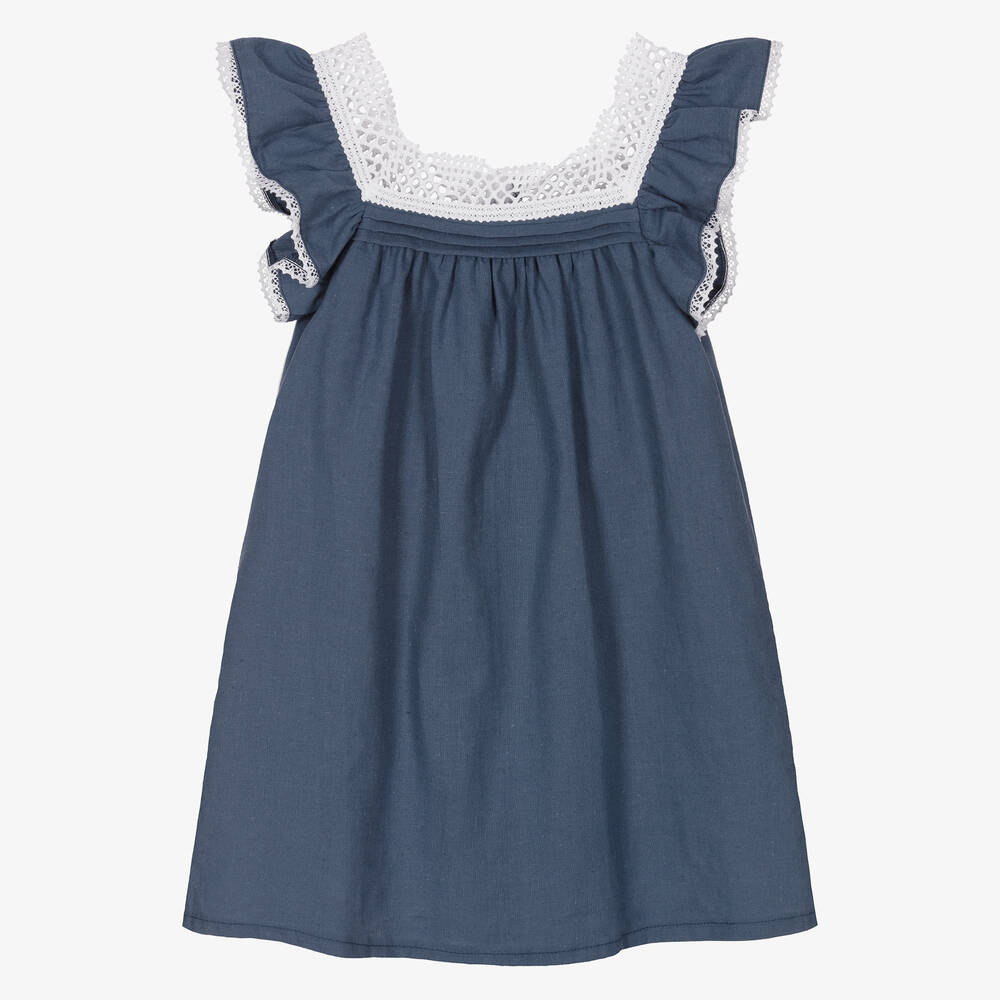 Babidu - Robe bleue en coton et lin  | Childrensalon