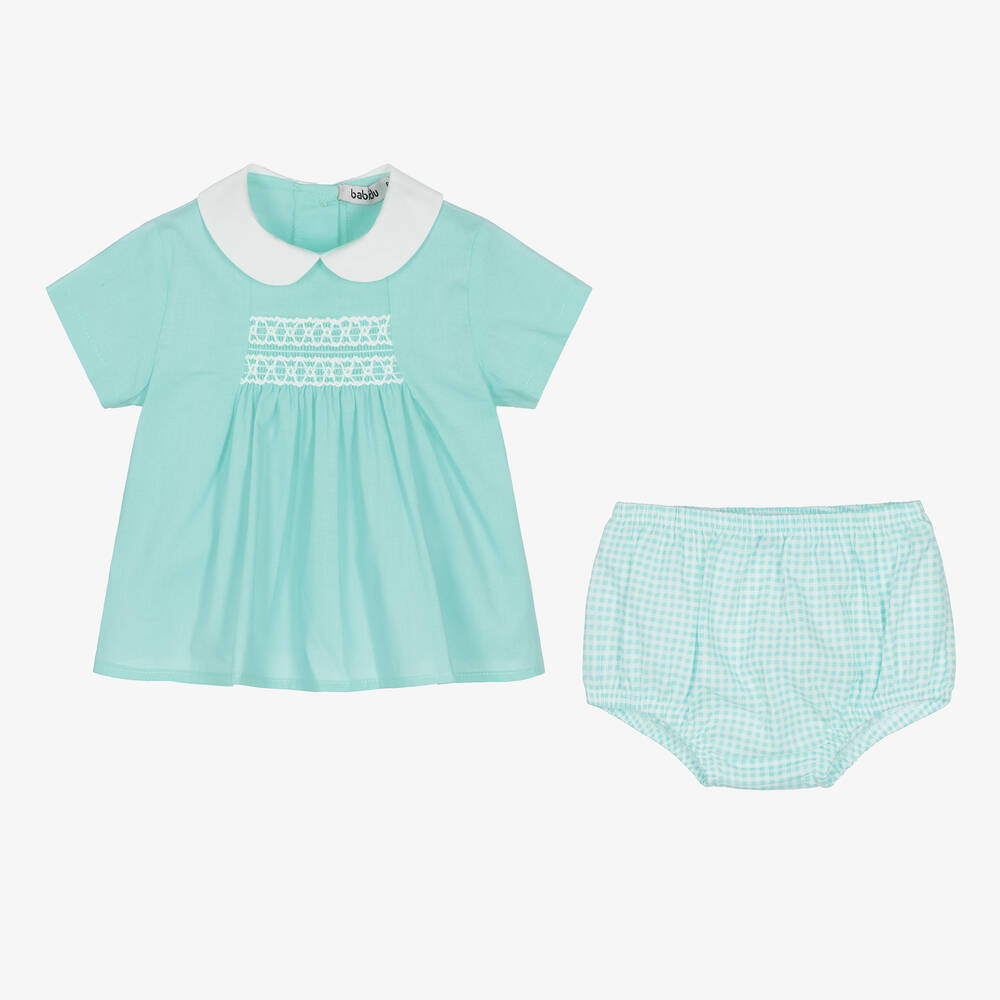 بابيدو -طقم شورت مطرز سموكينغ قطن لون أزرق تركواز | Childrensalon Outlet