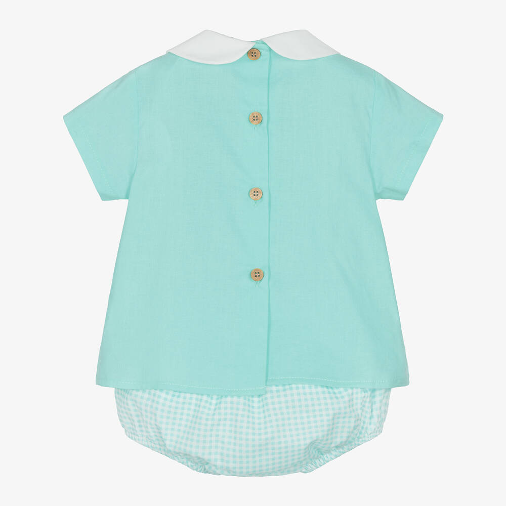 بابيدو -طقم شورت مطرز سموكينغ قطن لون أزرق تركواز | Childrensalon Outlet