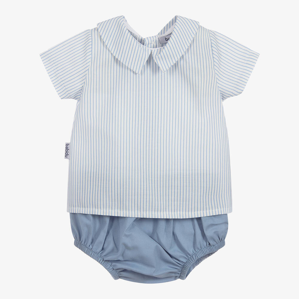 Babidu-Blue & Ivory Cotton Shorts Set | Childrensalon Outlet