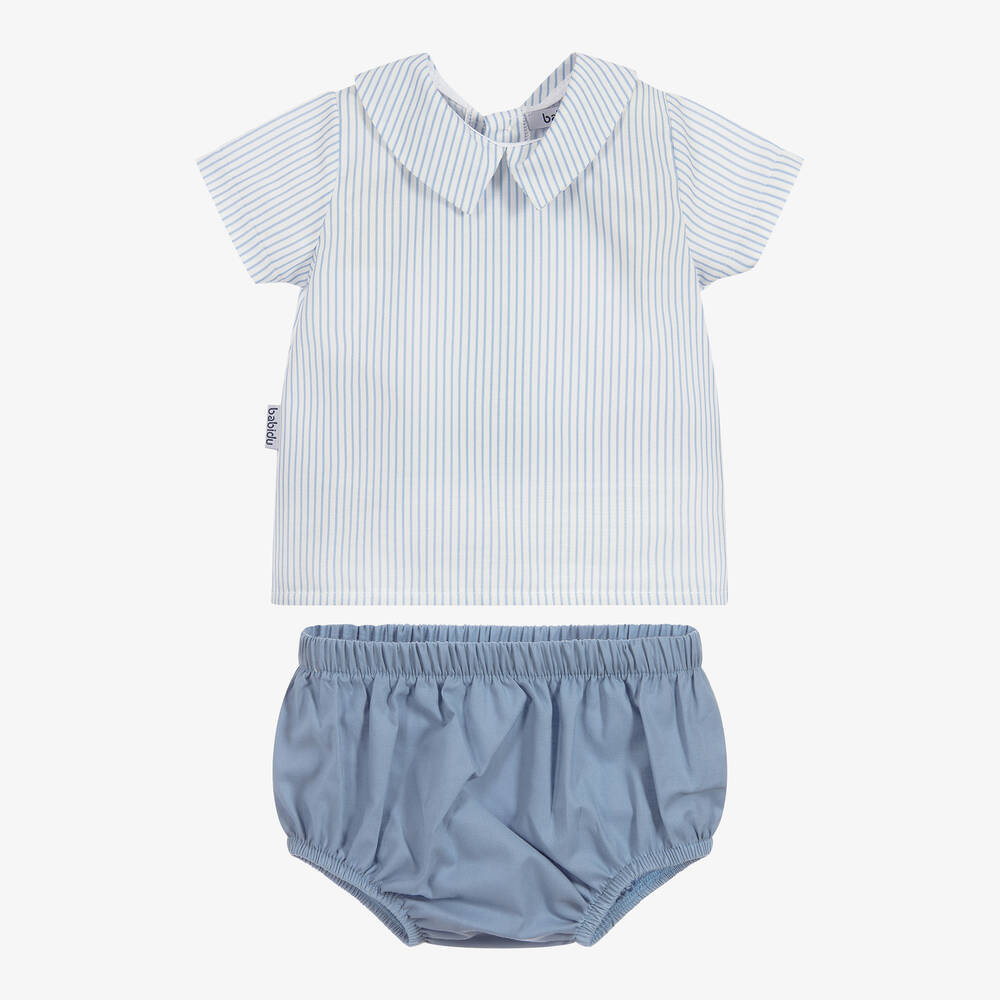 Babidu-Blue & Ivory Cotton Shorts Set | Childrensalon Outlet