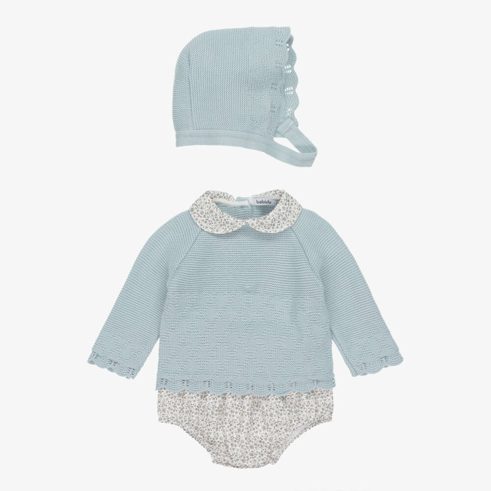 Babidu-Blue Knit Shorts Set & Bonnet | Childrensalon Outlet