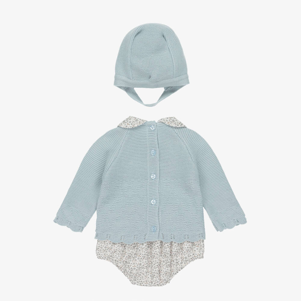 Babidu-Blue Knit Shorts Set & Bonnet | Childrensalon Outlet