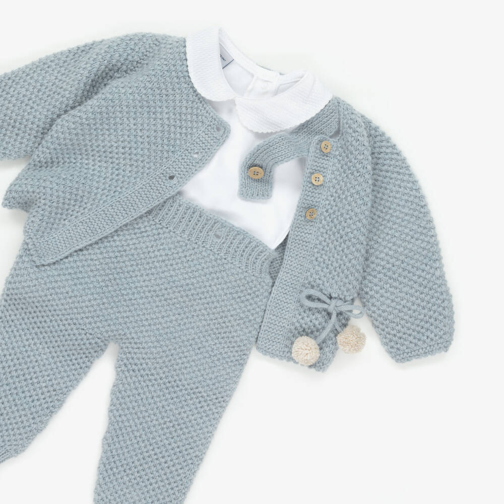 Babidu-Blue Knitted Pom Pom Trouser Set | Childrensalon Outlet