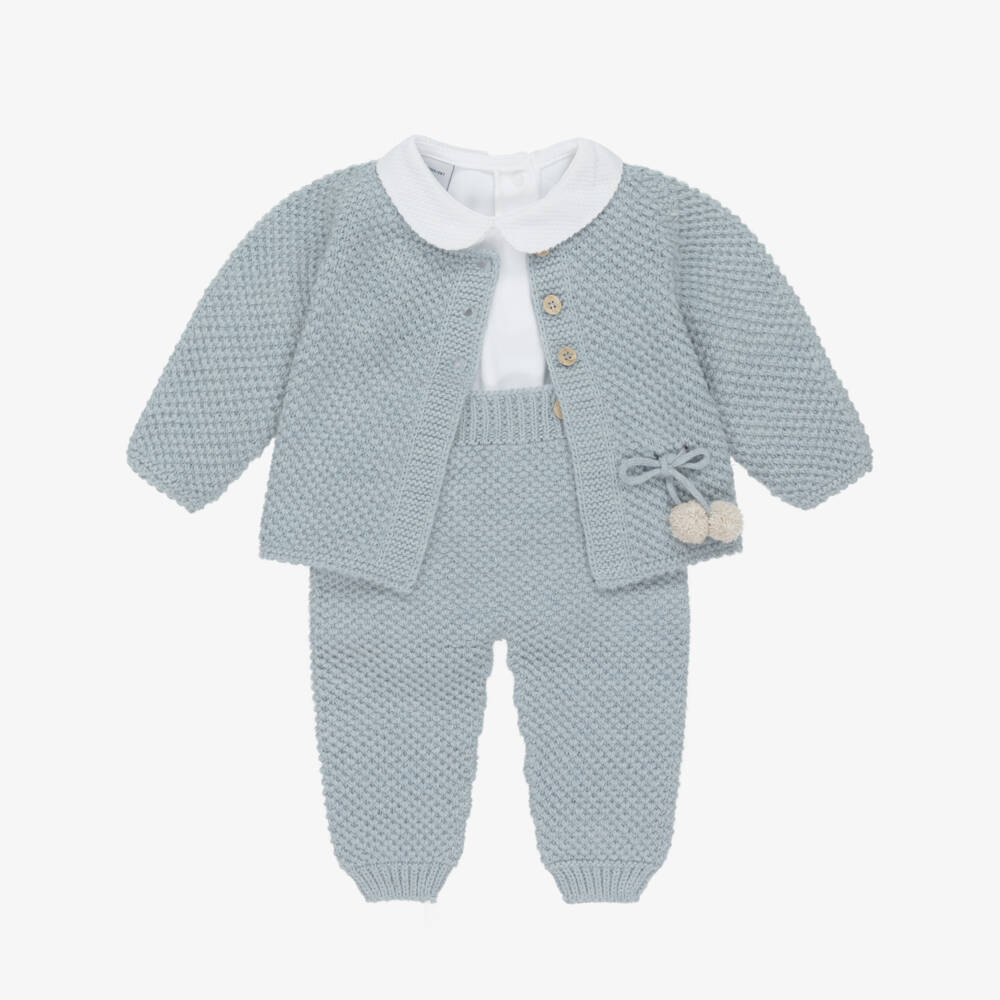 Babidu-Blue Knitted Pom Pom Trouser Set | Childrensalon Outlet