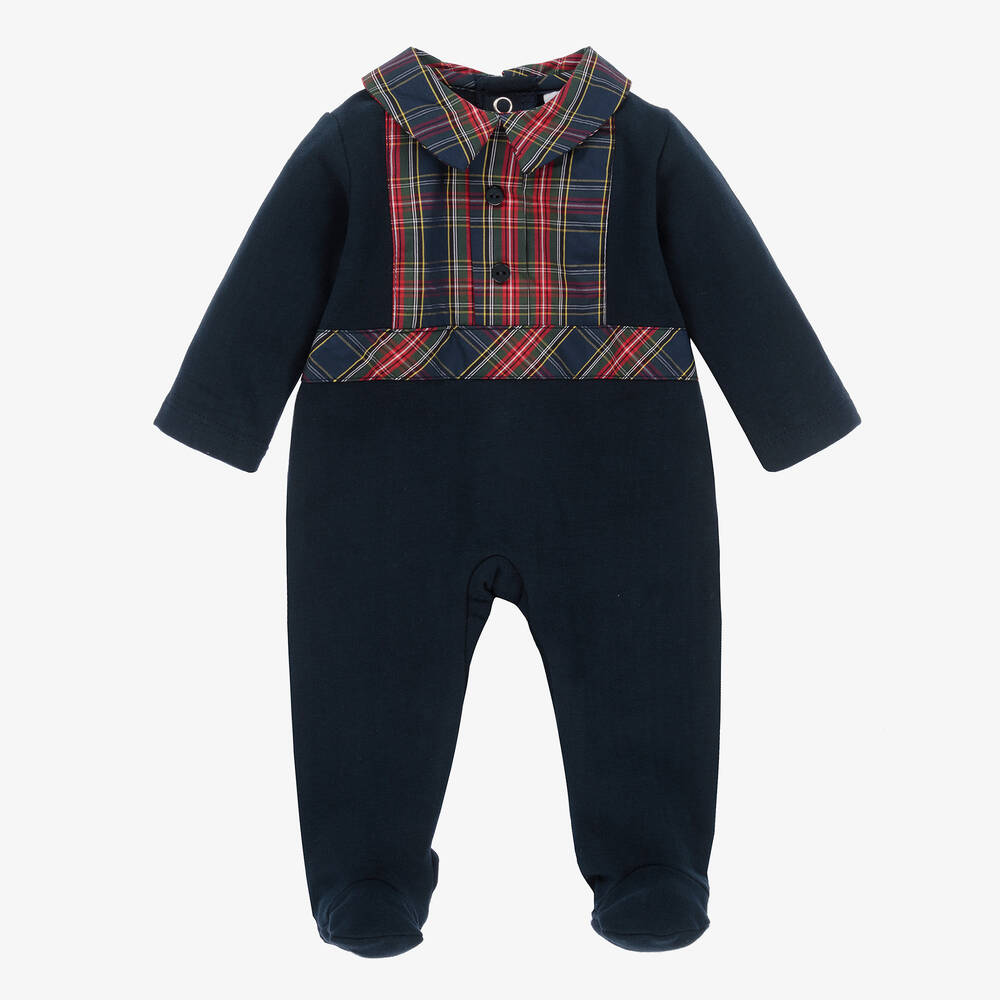 Babidu - Grenouillère tartan bleu coton | Childrensalon