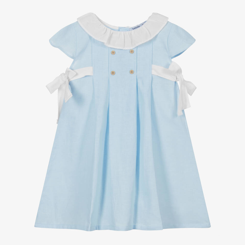 Babidu - Blue & White Cotton Dress  | Childrensalon