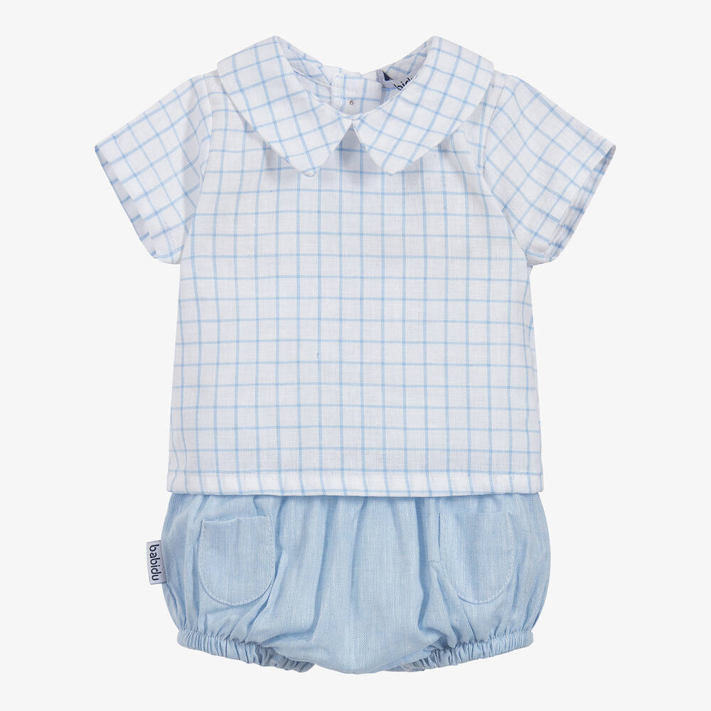 Babidu - Blue & White Cotton Shorts Set | Childrensalon