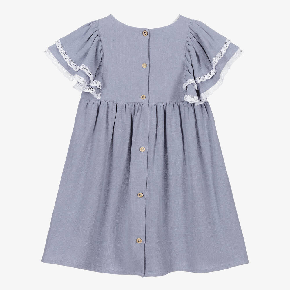 Babidu-فستان قطن لون أزرق وأبيض مزين بدانتيل | Childrensalon Outlet