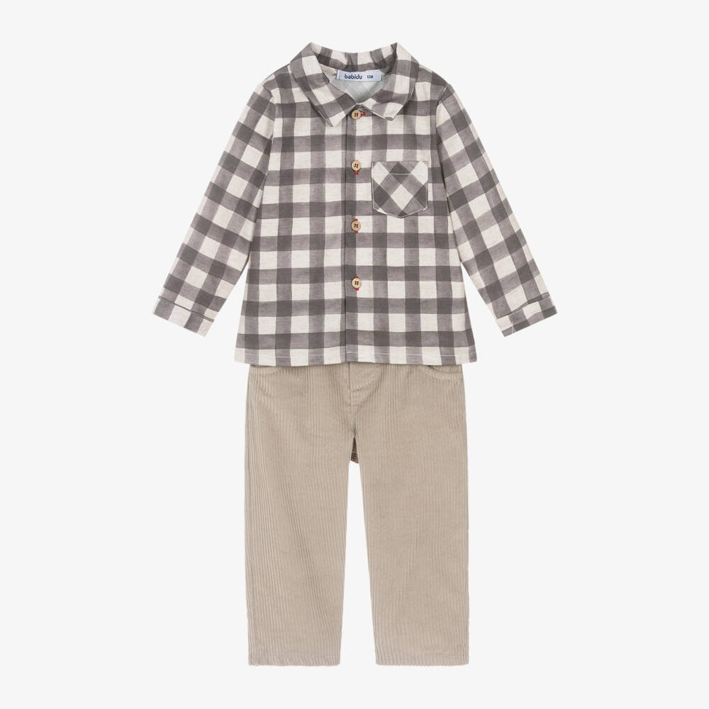 Babidu-Boys Beige Check Outfit Set | Childrensalon Outlet