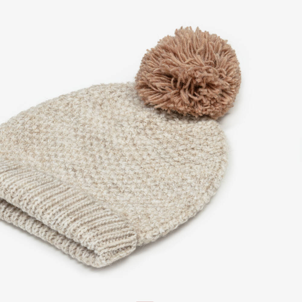 Babidu-Boys Beige Knit Pom-Pom Beanie | Childrensalon Outlet