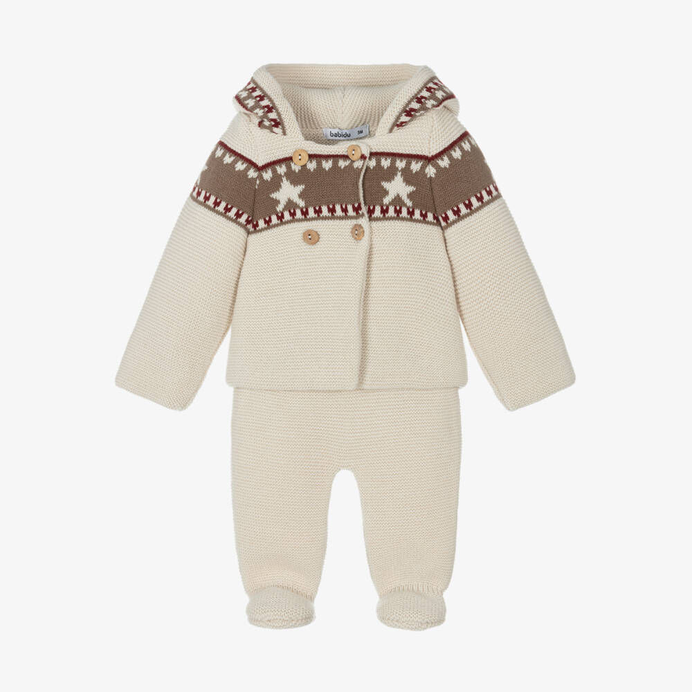 Babidu-Boys Beige Knit Star Coat Ensemble | Childrensalon Outlet