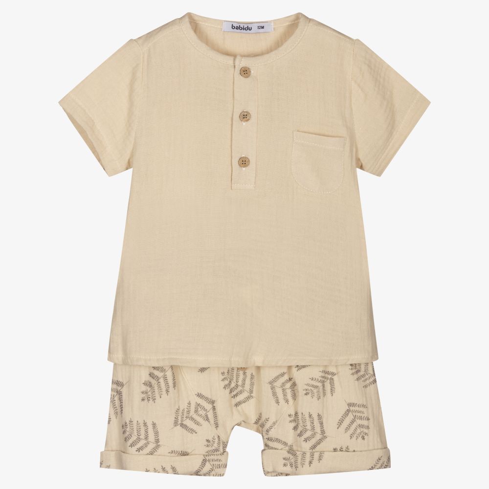 Babidu-Boys Beige Leaf Shorts Set | Childrensalon Outlet