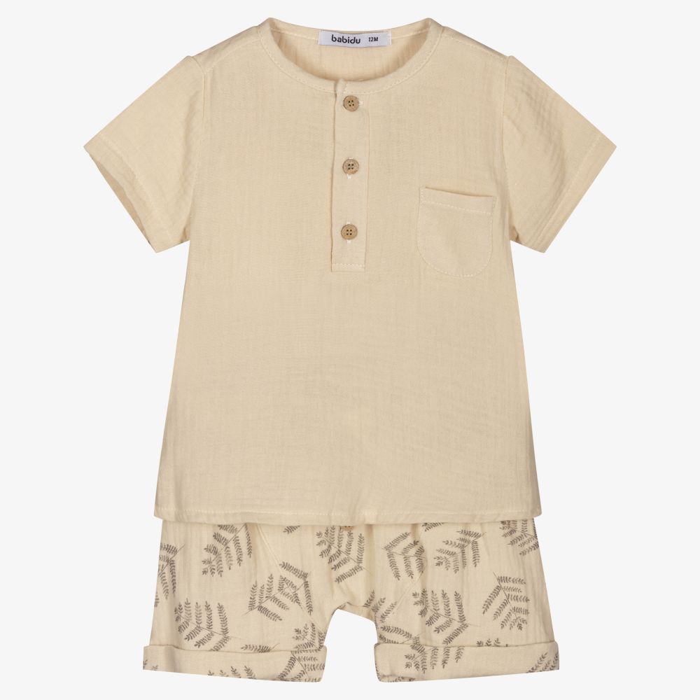 Babidu - Boys Beige Leaf Shorts Set | Childrensalon