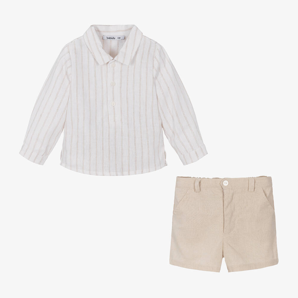 Babidu-Boys Beige Striped Cotton Shorts Set | Childrensalon Outlet