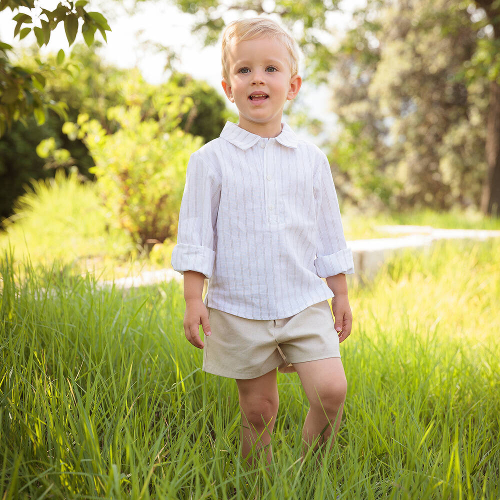 Babidu-Boys Beige Striped Cotton Shorts Set | Childrensalon Outlet